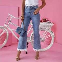 Amazon 2024 European and American cross-border high-waisted slim-fit flared jeans for women with a fresh, lace-trimmed hem