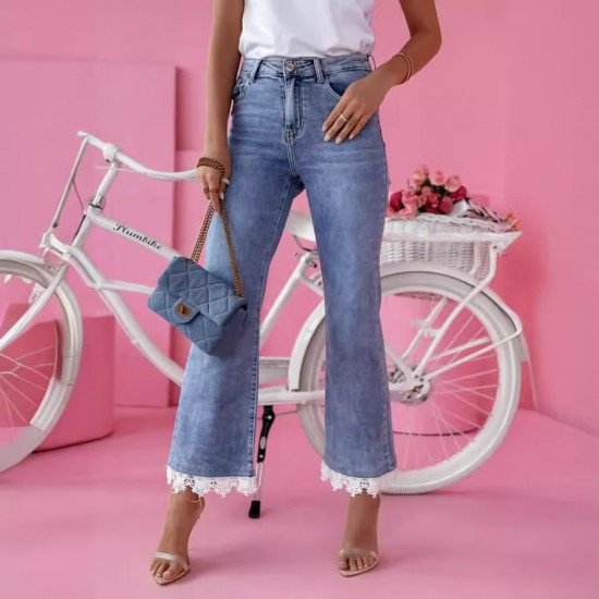 Amazon 2024 European and American cross-border high-waisted slim-fit flared jeans for women with a fresh, lace-trimmed hem