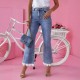 Amazon 2024 European and American cross-border high-waisted slim-fit flared jeans for women with a fresh, lace-trimmed hem