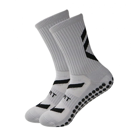 Non-slip men's soccer socks, youth and boys' sports traction crew neck socks in black, white, and blue, high quality.