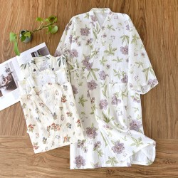 Women's spring and autumn pajamas, pure cotton jacquard double-layer cotton gauze, simple Japanese-style long-sleeved trousers, thin, loungewear. Two-piece loungewear set