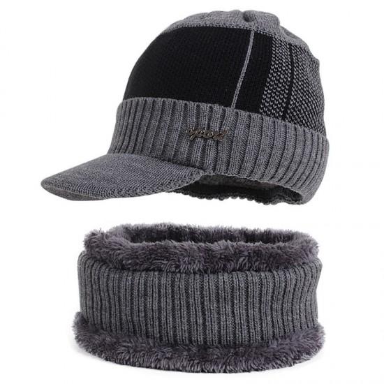 New copper label hat and scarf set, two-piece men's knitted hat, scarf with added fleece, autumn and winter warm wool hat.