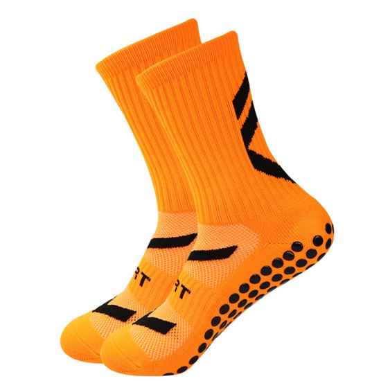 Non-slip men's soccer socks, youth and boys' sports traction crew neck socks in black, white, and blue, high quality.