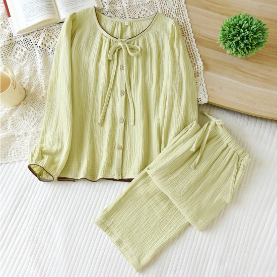 Women's pure cotton double-layer gauze pajamas, round neck, long sleeves, thin, loose-fitting, spring, summer, and autumn loungewear set. Women's pure cotton double-layer gauze pajamas, round neck, long sleeves, thin, loose-fitting, spring, summer, and autumn loungewear set.