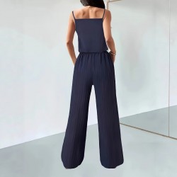 Suspender pleated waisted, slimming dark blue retro wide-leg pants, two-piece suit for women, casual straight pants, versatile set.