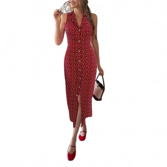 2025 hot-selling French floral maxi dress, lapel, heart-shaped contrast midi dress, slimming waist, sleeveless dress.