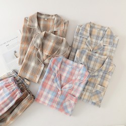 Spring and summer women's padded pajamas, pure cotton double-layer gauze long-sleeved trousers, soft bra-free loungewear set.