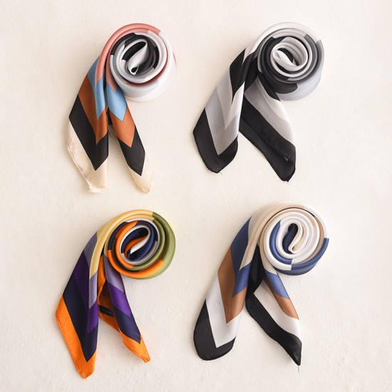 Colorful patchwork silk scarf for women, sweet Korean-style 70s square scarf, fresh and simple silk scarf, imitation silk shawl, wholesale.