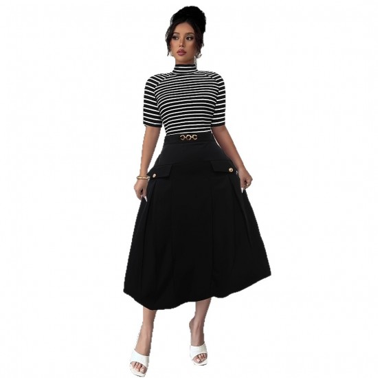 Striped contrasting turtleneck midi skirts for women, elegant slimming and flattering two-piece commuter suits.