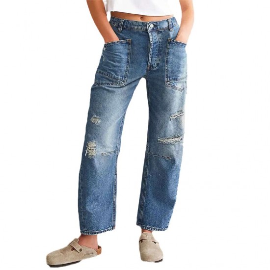 In stock: 2025 new European and American cross-border retro ripped jeans, casual patchwork banana pants, loose straight-leg pants for women. In stock: 2025 new European and American cross-border retro ripped jeans, casual patchwork banana pants, loose straight-leg pants for women.