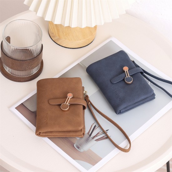 Lianbu new Japanese and Korean style, fresh and simple, zippered and clasp, short multifunctional card holder, handbag, student coin purse.