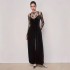 Elegant black lace, see-through, long-sleeved base top, suspender straps, and a slim-waisted velvet jumpsuit, two-piece set.