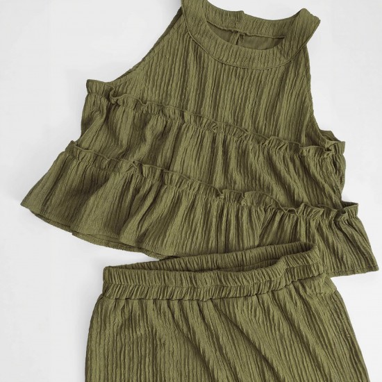 Spring and summer new style ruffled off-the-shoulder halter neck sleeveless shirt for women, fashionable elastic waist casual wide-leg pants set