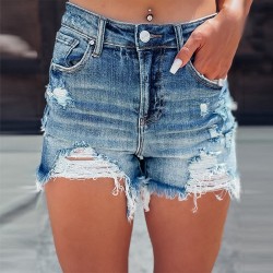 2024 summer new European and American cross-border ripped hot girl denim shorts, women's high-waisted A-line raw-edge hot pants trend
