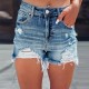 2024 summer new European and American cross-border ripped hot girl denim shorts, women's high-waisted A-line raw-edge hot pants trend