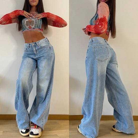 2025 new European and American cross-border retro American-style long wide-leg pants, hot girl loose jeans, high-waist straight-leg pants