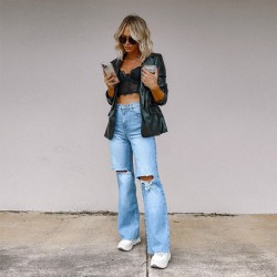 Factory Direct 2025 Independent European and American Women's Jeans: Ripped Slimming Raw-Edged Straight-Leg Wide-Leg Pants: In Stock