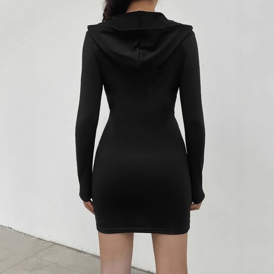European and American Black, Elegant Commuter Lettering Long-Sleeved Bottoming Shirt with Zippered Hood and Niche Zippered Sweater Dress