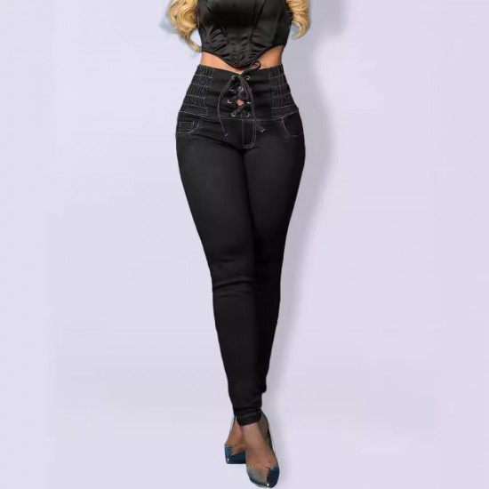 Factory direct cross-border 2025 new strappy slim-fit skinny jeans for women, high-waisted, slimming, hip-lifting trousers in stock
