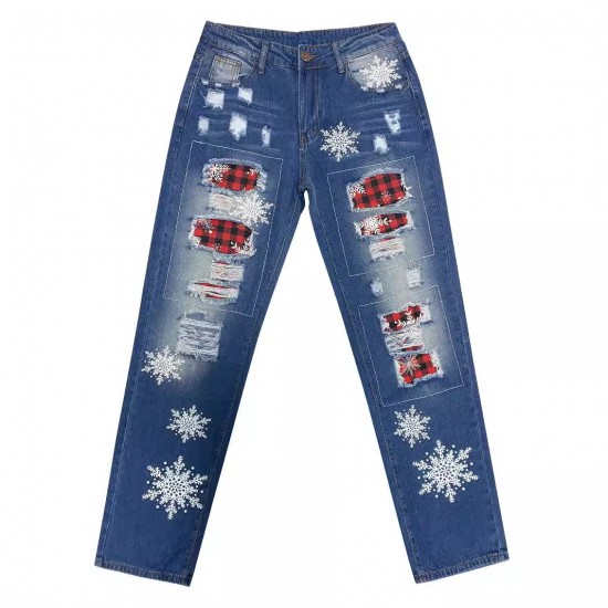 2025 European and American cross-border straight jeans for women, Christmas snowflake print patchwork ripped denim pants in stock