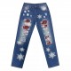 2025 European and American cross-border straight jeans for women, Christmas snowflake print patchwork ripped denim pants in stock