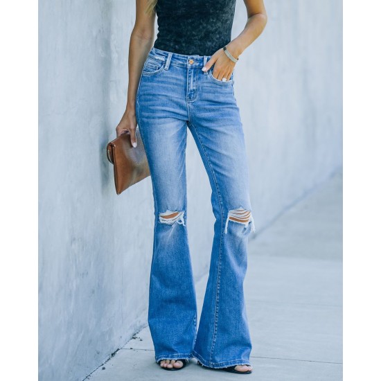 Factory direct sales: American-style flared women's stretch jeans, high-waisted, slimming, 2023 new foreign trade ripped jeans