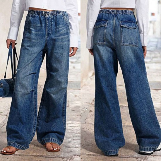 2025 spring new European and American cross-border mid-waisted wide-leg pleated loose jeans for women, street retro straight-leg pants