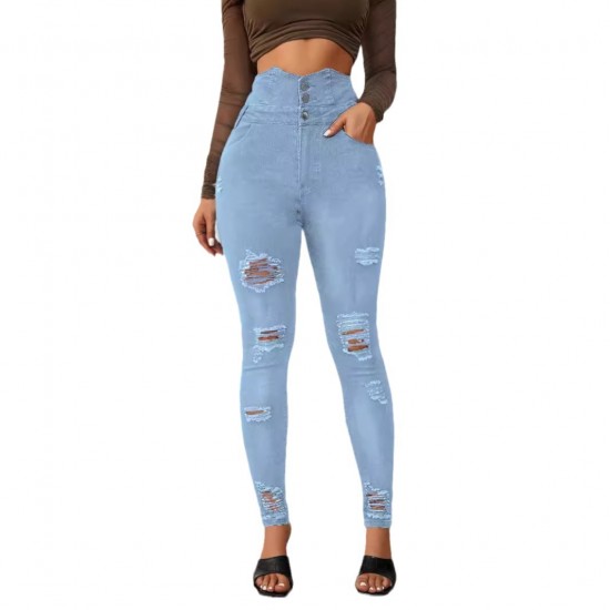 2025 New European and American Cross-Border Super High-Waisted Ripped Jeans: Tight-Leg Slimming Skinny Pants for Women