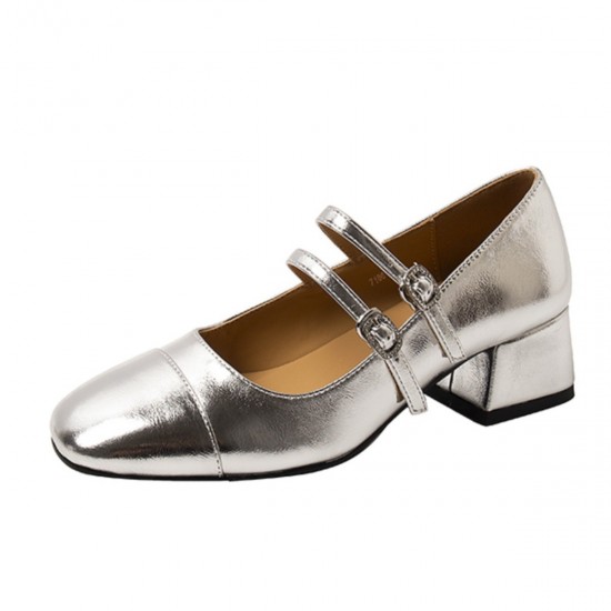 2023 spring red patent leather square-toe, block-heeled French-style retro Mary Janes for women.