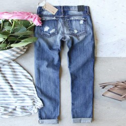 Cross-border Foreign Trade Straight Jeans for Women, 2025 New Red Plaid Print Patchwork, Ripped Pants, In Stock Goods