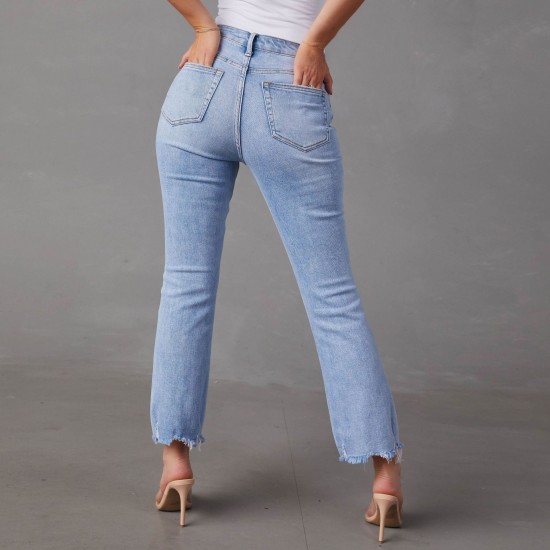 2025 European and American new cross-border foreign trade stretch straight-leg jeans for women, stylish commuter-friendly ripped washed trousers