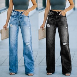 Factory direct sales of fashionable, washed jeans for women, in stock, for foreign trade wholesale. Ripped slim-fitting wide-leg denim trousers