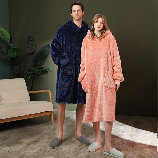Autumn/Winter Plus Size Flannel Couple's Nightgown, Women's Winter Extra-Long Coral Fleece Bathrobe, Men's European Size Loungewear