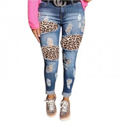 Factory direct sales: European and American ripped women's jeans, personalized leopard print, high-waisted Women's Pants