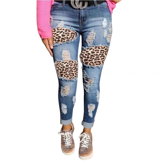 Factory direct sales: European and American ripped women's jeans, personalized leopard print, high-waisted Women's Pants