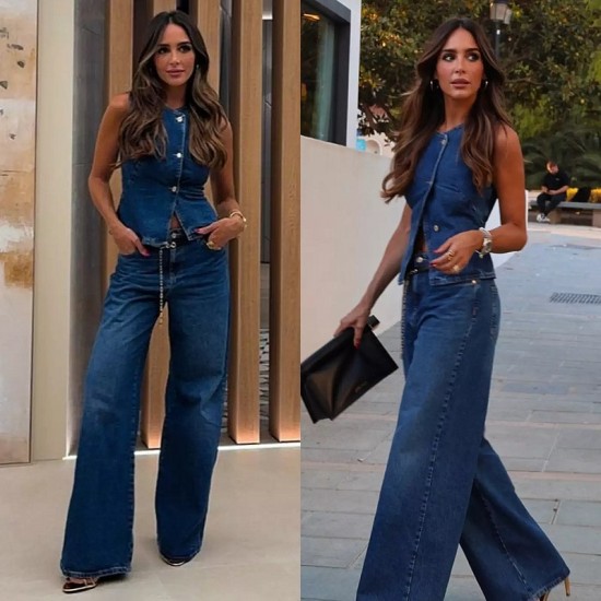 Amazon AliExpress cross-border European and American 2025 spring and summer new sleeveless women's clothing. Fashionable wide-leg denim vest set