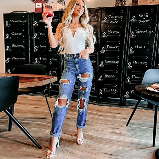 Factory Direct American Straight-Leg Women's Jeans High-Waisted Slimming 2022 New European Imported Foreign Trade Ripped Jeans