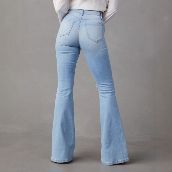 Factory direct sales of 2025 new cross-border European and American high-waisted, ripped jeans for women, street style, flared pants.