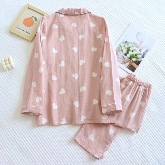 Summer women's pajamas, pure cotton double-layer gauze, thin, short-sleeved, cropped, round-neck, two-piece loungewear set for outdoor wear
