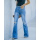 Factory direct sales: American-style flared women's stretch jeans, high-waisted, slimming, 2023 new foreign trade ripped jeans