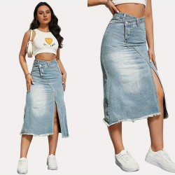 New Spring/Summer New Cross-Border American Retro Denim Skirt for Women, Fashionable Slit-Spliced ​​Midi A-Line Skirt