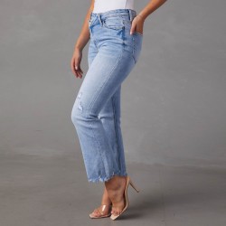 2025 European and American new cross-border foreign trade stretch straight-leg jeans for women, stylish commuter-friendly ripped washed trousers