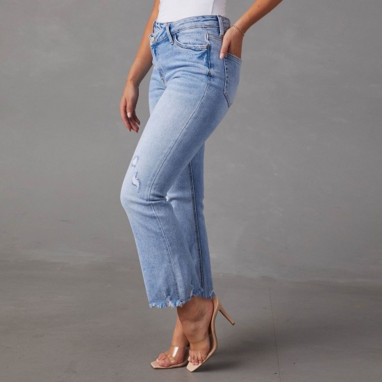 2025 European and American new cross-border foreign trade stretch straight-leg jeans for women, stylish commuter-friendly ripped washed trousers