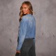 2025 Spring new women's slim-fitting collarless long-sleeved denim jacket, vintage multi-pocket work jacket.