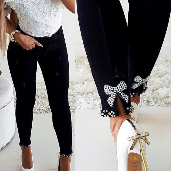 Factory direct cross-border European and American slim-fit jeans for women, butterfly-embellished, beaded slit skinny pencil pants