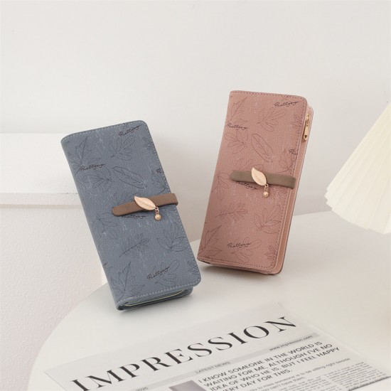 Lianbu women's long multifunctional Korean style PU clutch, large capacity, leaf print buckle zipper wallet