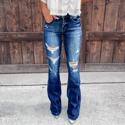 Factory direct sales: European and American cross-border Amazon independent platform new high-waisted ripped jeans for women Slightly flared casual pants