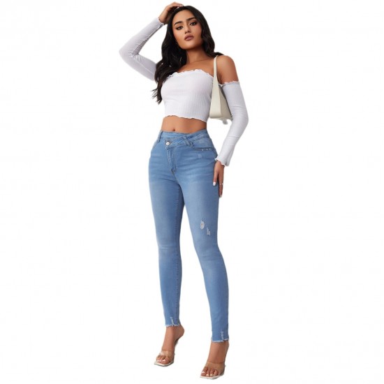 Factory Direct Foreign Trade Jeans for Women: Spring 2024 Elastic High-Waisted Slimming Raw-Edge Straight-Leg Pants