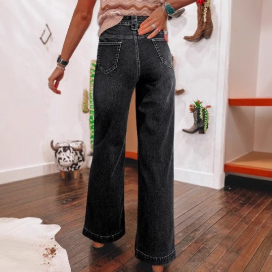 European and American Cross-Border Amazon Spring 2025 New Dark Blue High-Waisted Wide-Leg Jeans for Women, Fashionable Retro Straight-Leg Pants