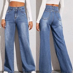 2025 European and American Foreign Trade Hot-Style Washed Cat Whisker Monkey Craft Loose High-Waisted Wide-Leg Jeans for Women